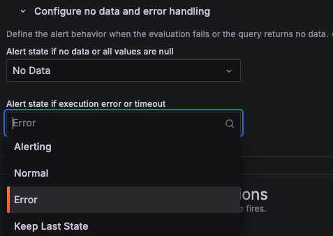 A screenshot of the `Configure no data and error handling` option in Grafana Alerting.