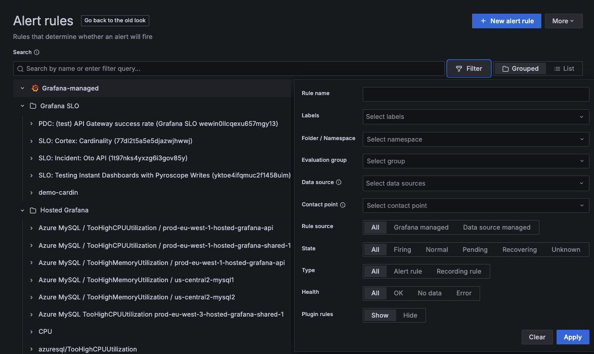 Alert rule filter options