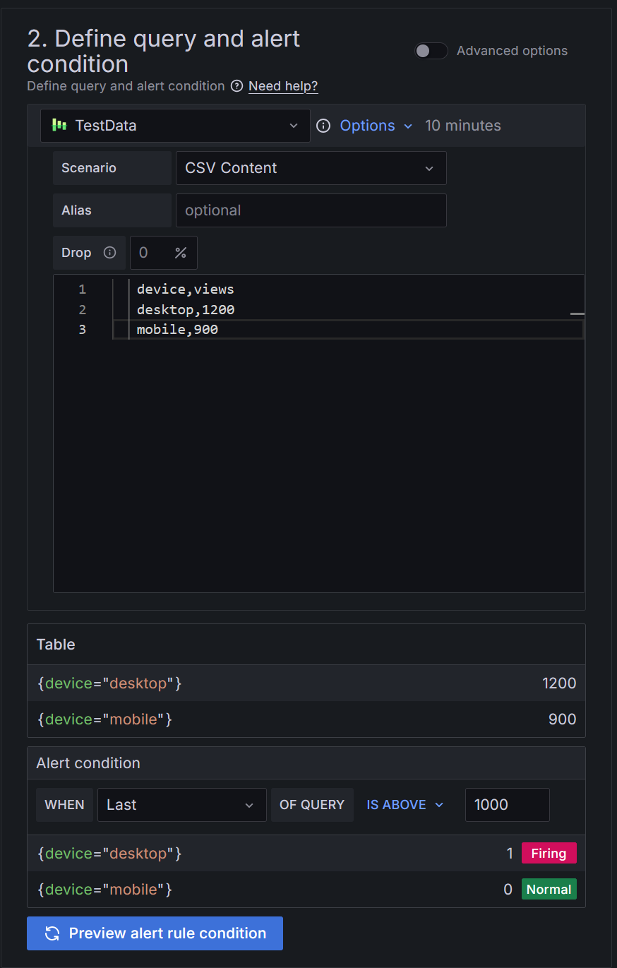 Preview of a query returning two alert instances in Grafana. Screenshot showing a preview of a query in Grafana that returns two alert instances, including the query results and relevant alert details