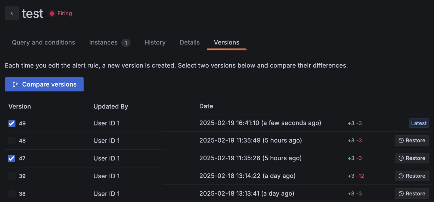 View alert rule history to compare and restore previous alert rules.