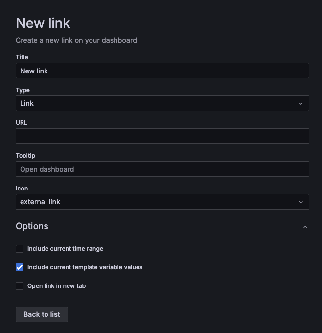 Dashboard link page with variables option selected