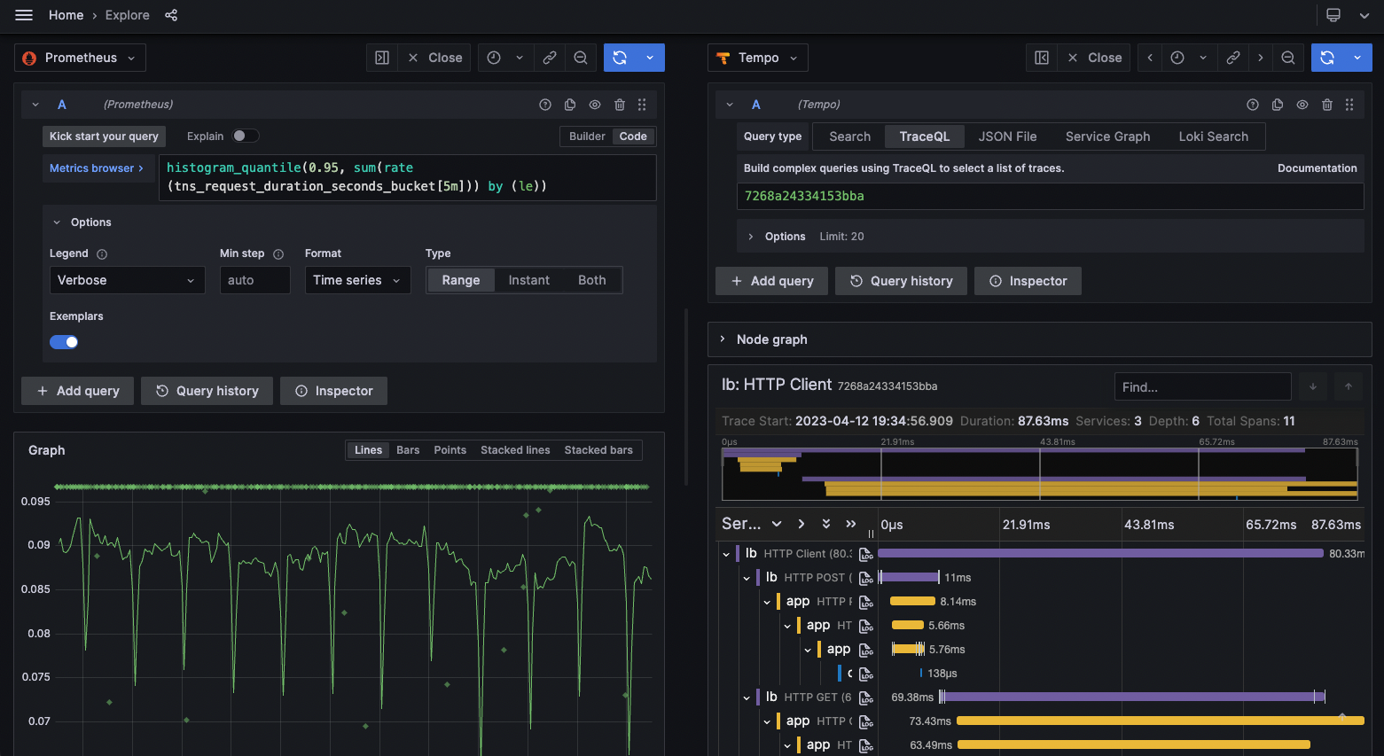 Explorer view with panel showing trace details Explorer view with panel showing trace details