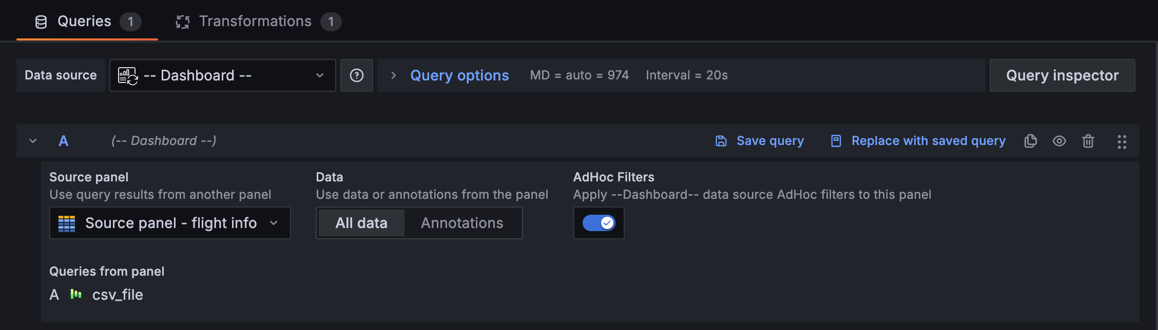 The query section of a panel with the Dashboard data source configured