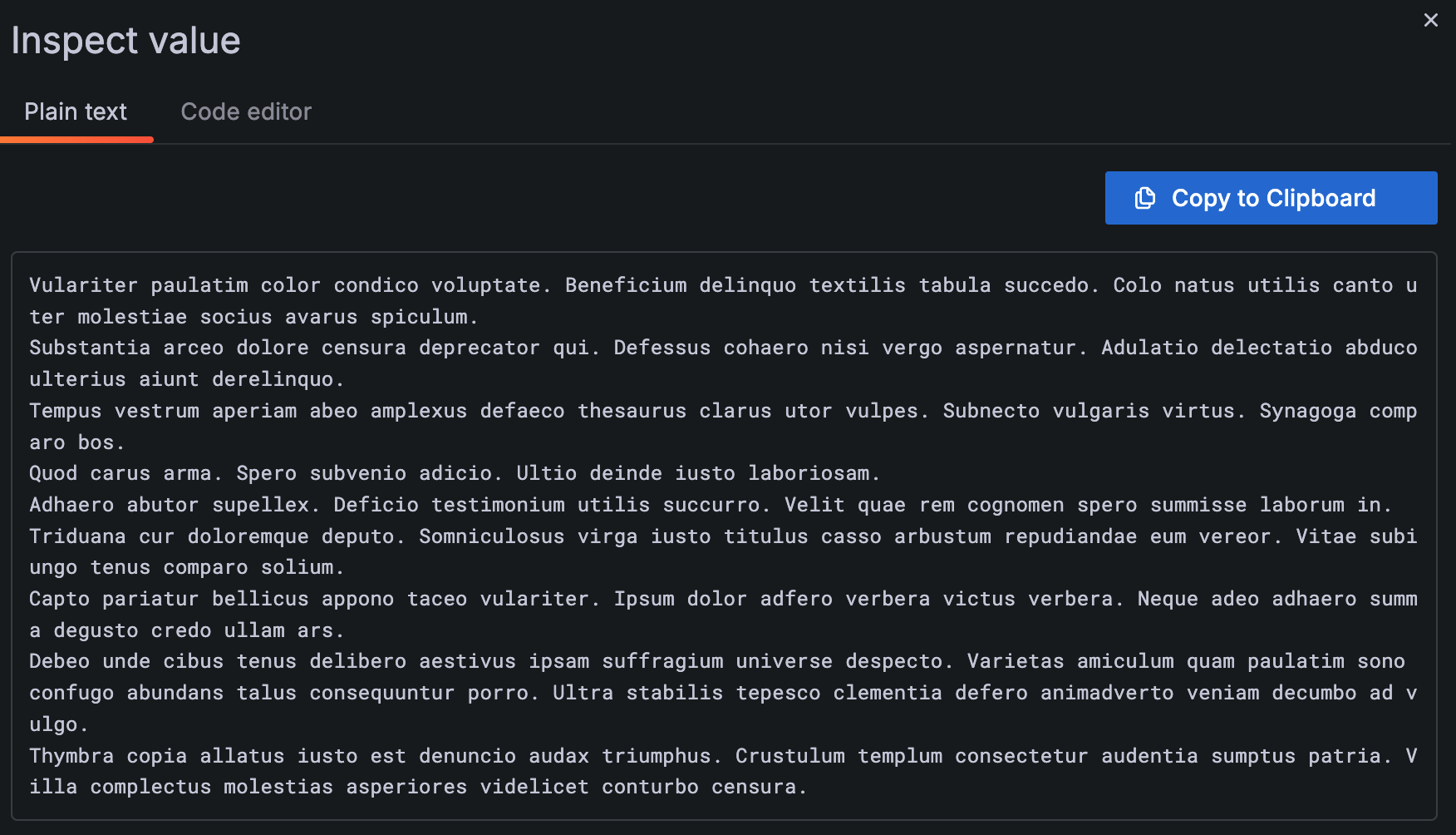 Inspect value drawer opened to Plain text tab