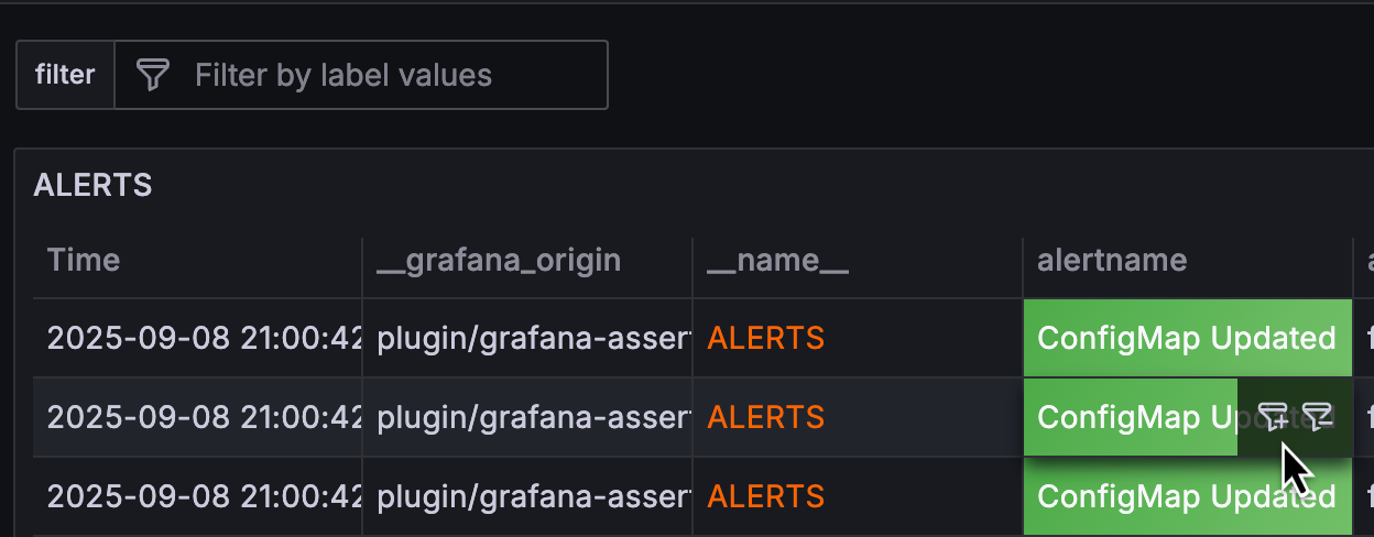 Table with ad hoc filter icon displayed on a cell