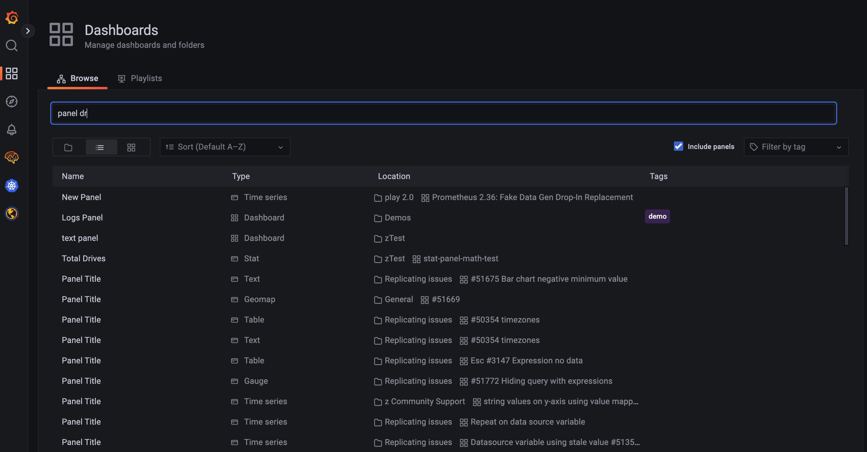 Searching for a panel title Searching for a panel title