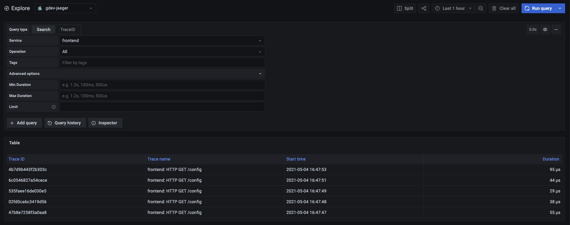 Screenshot of the Jaeger query editor Screenshot of the Jaeger query editor