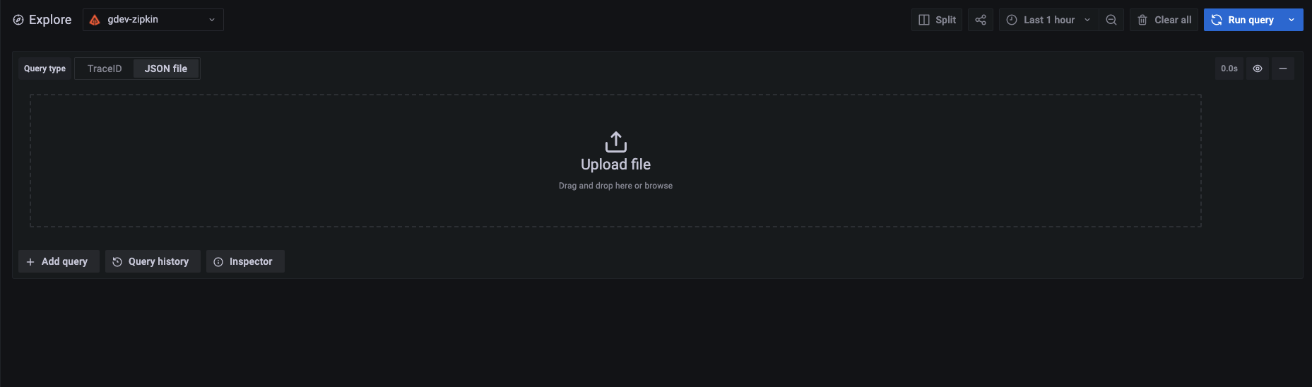 Screenshot of the Zipkin data source in explore with upload selected Screenshot of the Zipkin data source in explore with upload selected