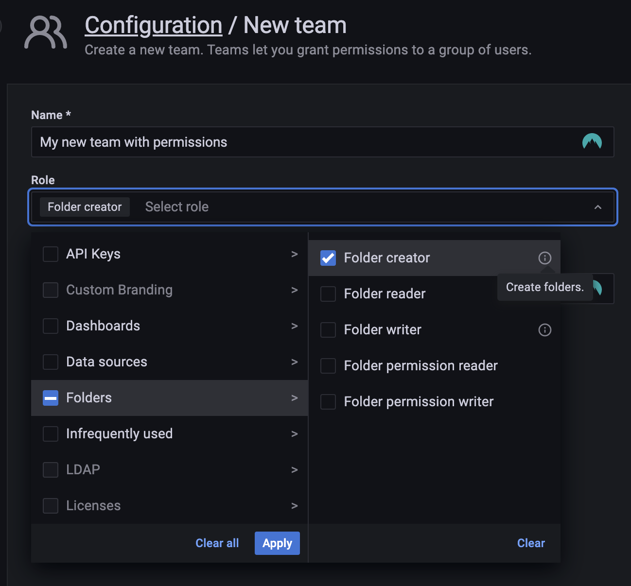 Assigning roles to a team when creating it Assigning roles to a team when creating it