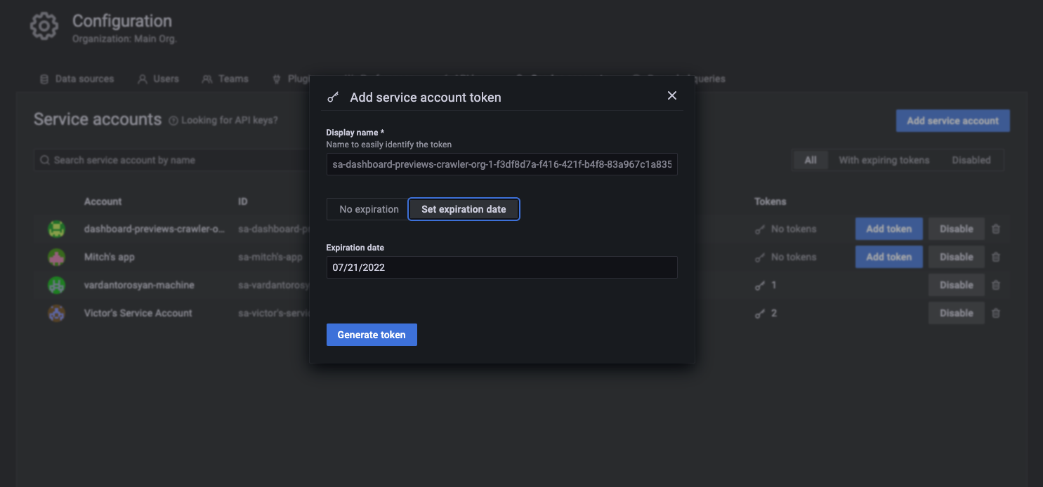 Adding a service account token Adding a service account token
